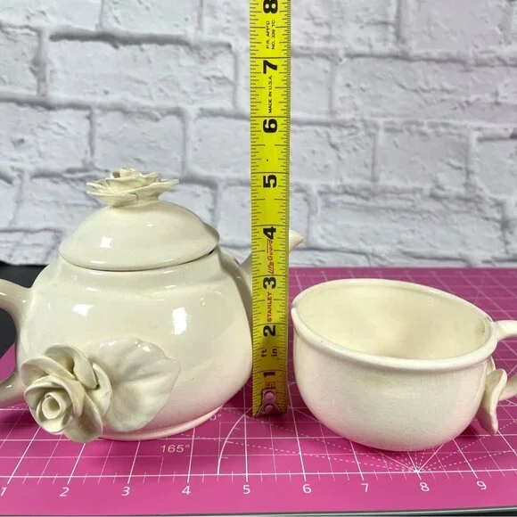 Stacked Ceramic Pottery Teapot Cup Set Paper Windows USA Floral Rose Cream VTG - Picture 9 of 16